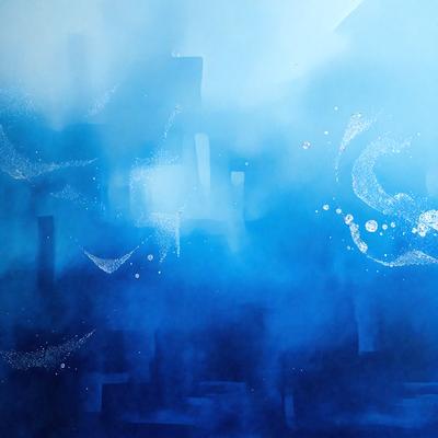 The primary subject of the image is a painting of a blue ocean with white bubbles. The setting is a blue background, and the visual style appears to be a digital art or illustration. The dominant colors are blue and white, creating a serene and calming atmosphere.